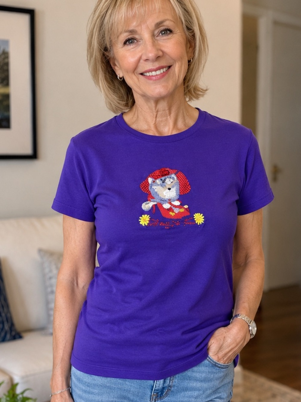 Bon Worth XS Petite "Ready for Fun" Red Hat Cat Lady Grandmacore Short Sleeve